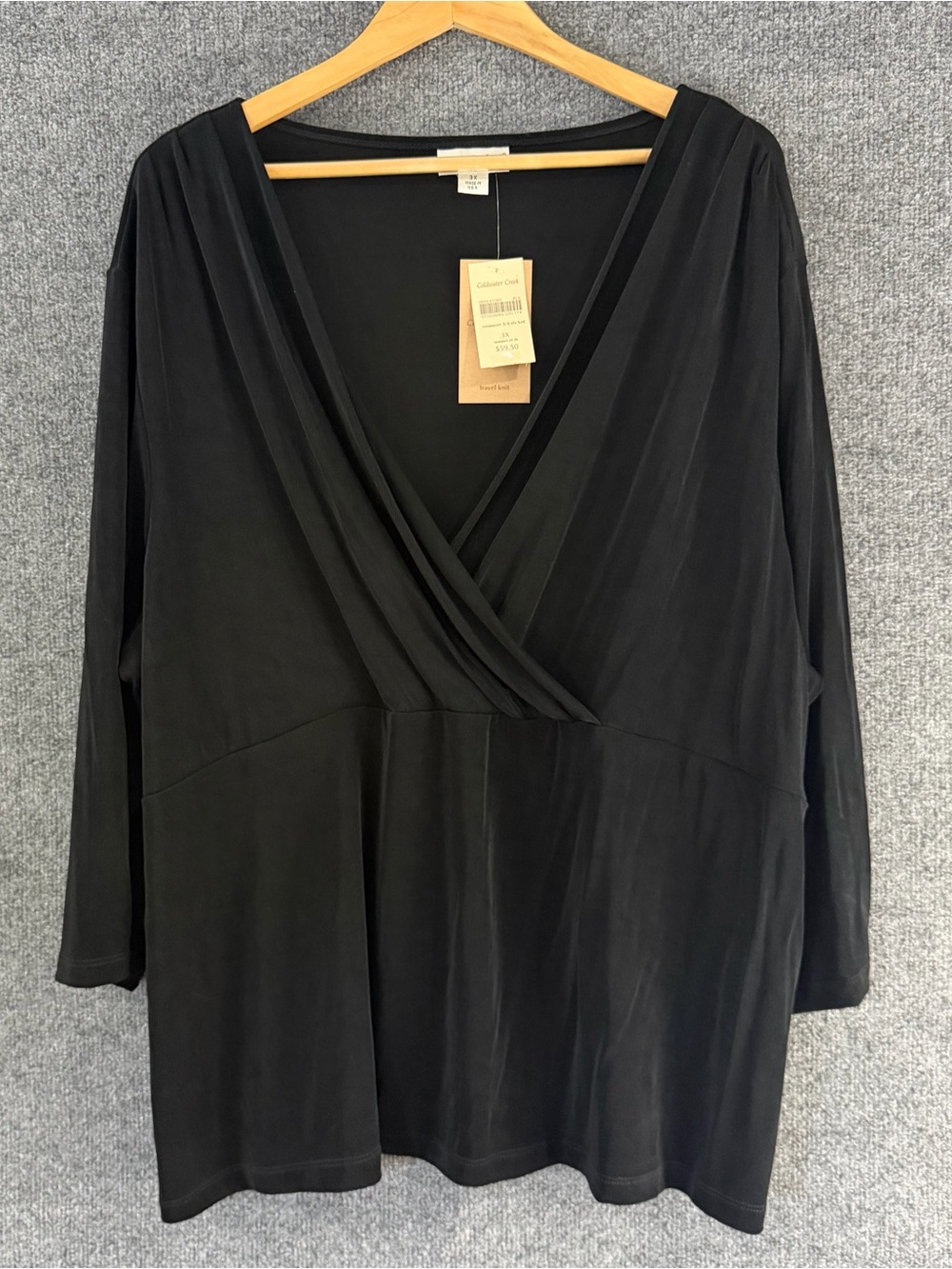 Coldwater Creek Womens 3/4 Sleeve Crossover Travel Knit Top Black Stretch Sz 3X